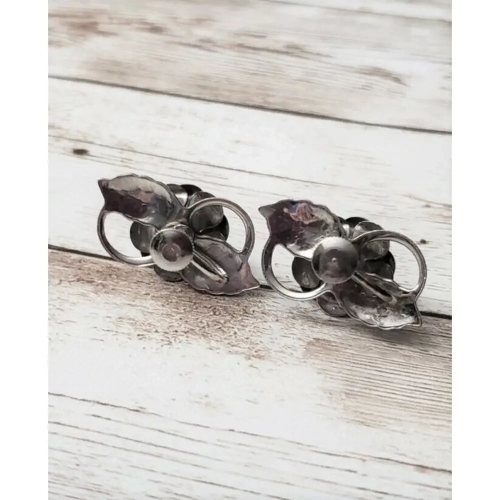 Vintage Screw On / Screw Back Earrings Fancy Rose & Leaves with Clear Gem